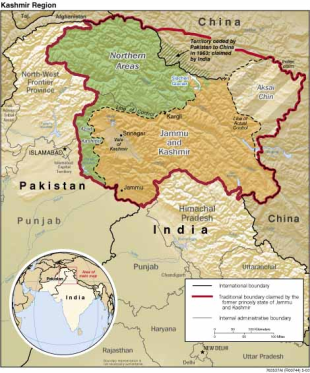 Mapa de Caxemira. En verde, o territorio ocupado por Paquistán; en laranxa, o ocupado pola India / Galipedia