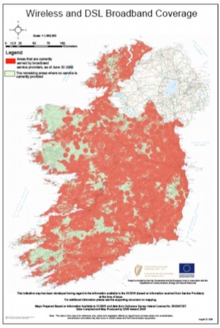 Zonas con e sen banda larga na República de Irlanda