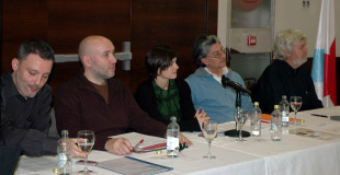 Mesa da Xeira partillada, con Xoán Bascuas, Carlos Morais, Mariano Abalo e Xosé Manuel Beiras