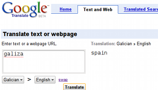 Tradución de "galiza" ao inglés, segundo Google