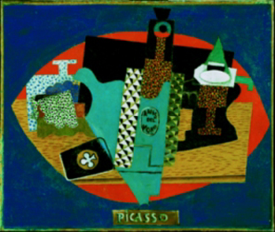 "Botella d'Anís del Mono, vas de vi i naip". Picasso (1915)