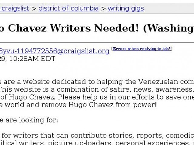 Anuncio solicitando escritores anti-Ch&aacute;vez en EUA