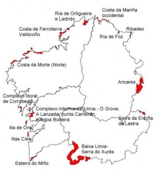 Mapa das ZEPAs existentes actualmente en Galiza