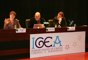 Margarita Ledo, Antón Reixa e Anxo Quintana, na clausura do simposium, este sábado en Vigo