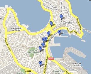 Detalle do mapa cos locais con wi-fi da Coruña