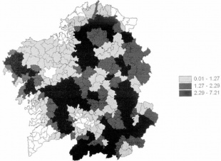 Distribución do lobo en Galiza (densidade por concellos)
