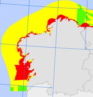 Vermella = zonas de exclusión | Amarela = zonas con condicionantes | Verde = zonas aptas (clique para ampliar) / Fonte: Goberno español