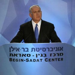 O primeiro ministro de Israel, Benjamin Netanyahu, na conferencia de prensa