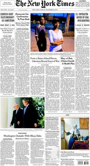 Primeira páxina da edición en papel do NYTimes do martes