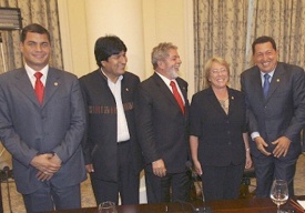 Correa, Morales, Lula, Bachelet  e Chávez, nunha xuntanza sobre o Banco do Sur