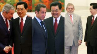 Bush, Sarkozy e Lula na fotografía oficial con Hu Jintao
