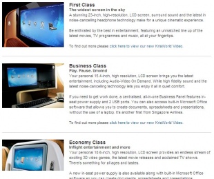Comparación das diferentes pantallas na web de Singapore Airlines